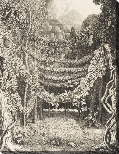 Картина Лесная сцена с гирляндами гирлянд и стадом буйволов на расстоянии