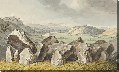 Доисторический каменный круг на кургане, обширный ландшафт за его пределами