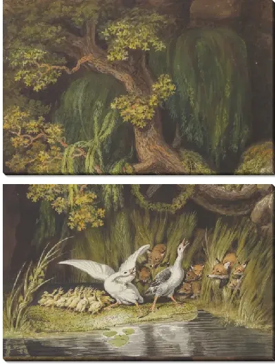 Картина Гусь и гусак со своими гусятами, гудят в тревоге, когда из лихих выбегают две лисы со своими детенышами