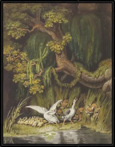 Картина Гусь и гусак со своими гусятами, гудят в тревоге, когда из лихих выбегают две лисы со своими детенышами