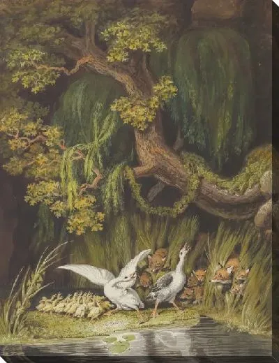 Картина Гусь и гусак со своими гусятами, гудят в тревоге, когда из лихих выбегают две лисы со своими детенышами