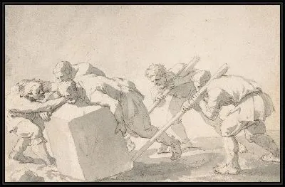 Пять человек толкают глыбу камня