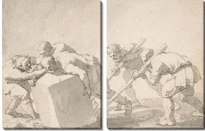 Пять человек толкают глыбу камня