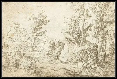 Пейзаж с фигурой сидит у колодца