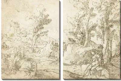 Пейзаж с фигурой сидит у колодца