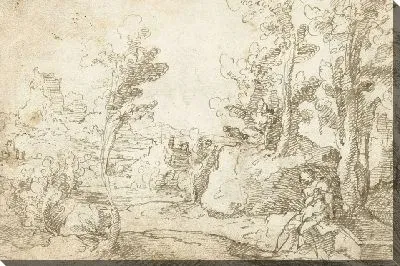 Картина Пейзаж с фигурой сидит у колодца