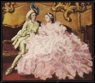 Дама в розовом бальном платье с джентльменом в зеленом