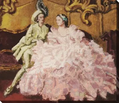 Дама в розовом бальном платье с джентльменом в зеленом