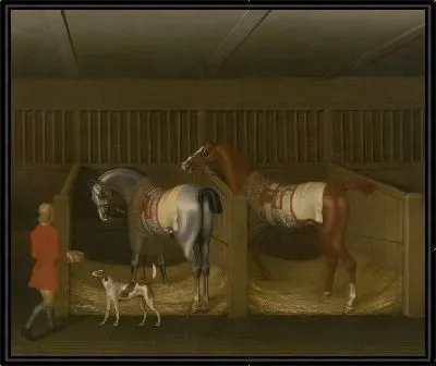 Картина Конюшни и две знаменитые бегущие лошади, принадлежащие Его светлости, герцогу Болтону