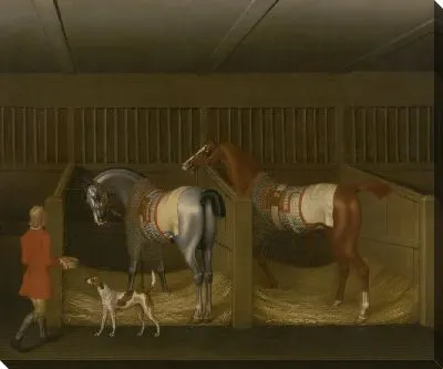 Картина Конюшни и две знаменитые бегущие лошади, принадлежащие Его светлости, герцогу Болтону