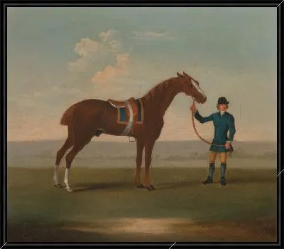 Картина Один из Четырех Портретов Лошадей - Каштановая Лошадь (? Старый Партнер), которую держит Жених: стоит лицом к праву, одетый в синюю ткань седла, окантованную золотом; жених в голубом ...