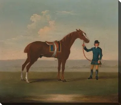 Картина Один из Четырех Портретов Лошадей - Каштановая Лошадь (? Старый Партнер), которую держит Жених: стоит лицом к праву, одетый в синюю ткань седла, окантованную золотом; жених в голубом ...