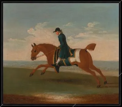 Картина Один из четырех портретов лошадей - каштановая скаковая лошадь, тренируемая тренером в синем плаще: скачущий налево, лошадь в синем тренировочном плаще и седельная ткань, окантованная золотом