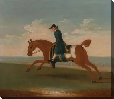 Картина Один из четырех портретов лошадей - каштановая скаковая лошадь, тренируемая тренером в синем плаще: скачущий налево, лошадь в синем тренировочном плаще и седельная ткань, окантованная золотом