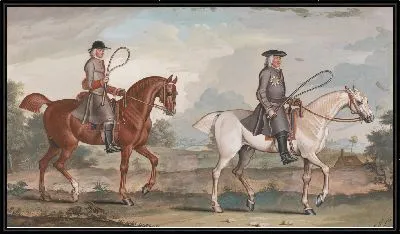 Картина Джордж Монтегю, первый граф Галифакса на своем Белом Охотнике с Железной стороны, с его женихом на правосудии, каштан, спаленный в 1721 году