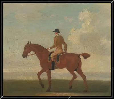 Картина Один из четырех портретов лошадей - каштановая скаковая лошадь с жокей Вверх: идет налево; жокей в желтой куртке