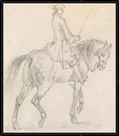 Картина Лошадь с наездником в трехцветной шляпе, идущая направо