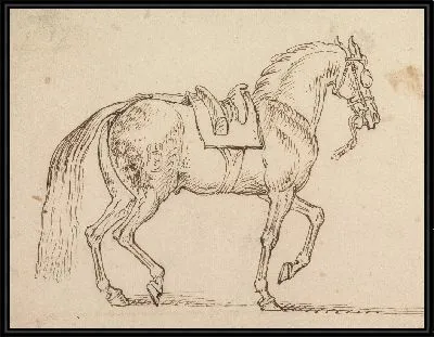 Картина Оседланный конь с гербом на боку, идущий направо