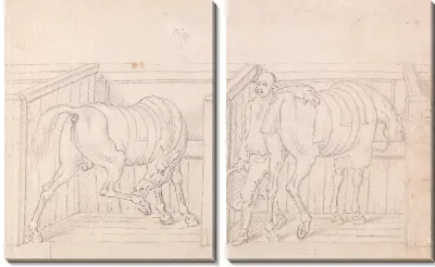 Картина Две оседланные лошади в стойлах в конюшне