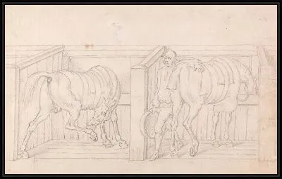 Картина Две оседланные лошади в стойлах в конюшне