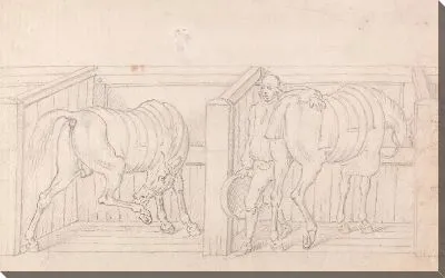 Картина Две оседланные лошади в стойлах в конюшне