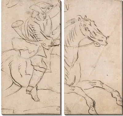 Картина Охотник скачет: левая рука поднята, рог надет на левое плечо