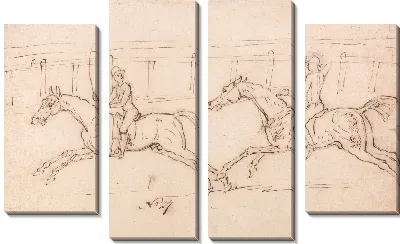 Картина Гонки двух лошадей, жокеи вверх: перила на заднем плане