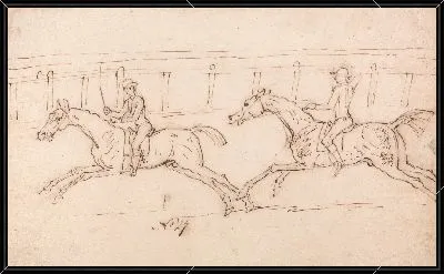 Картина Гонки двух лошадей, жокеи вверх: перила на заднем плане