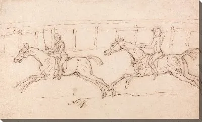 Картина Гонки двух лошадей, жокеи вверх: перила на заднем плане