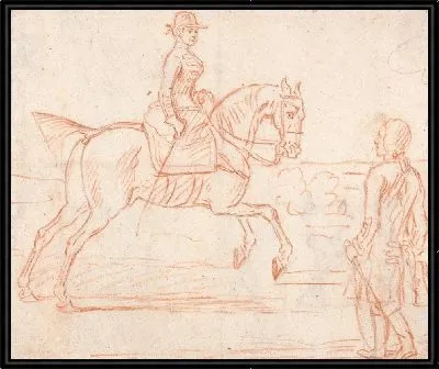 Картина Леди верхом на седле поворачивается, чтобы посмотреть на спешившегося всадника