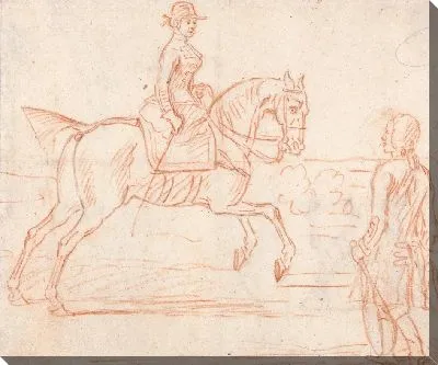 Картина Леди верхом на седле поворачивается, чтобы посмотреть на спешившегося всадника