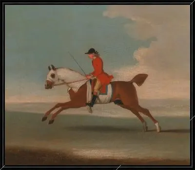 Картина Один из четырех портретов лошадей - каштановая скаковая лошадь, тренируемая тренером в красном плаще: скачет налево, лошадь носит белые потовые покрывала на голове, шее и теле