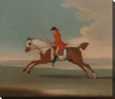 Картина Один из четырех портретов лошадей - каштановая скаковая лошадь, тренируемая тренером в красном плаще: скачет налево, лошадь носит белые потовые покрывала на голове, шее и теле