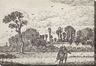 Картина Мужчины разговаривают на поле с деревьями и фермой