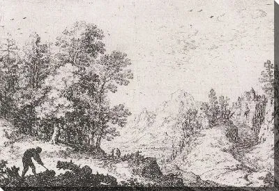 Картина Дровосек за работой в горном пейзаже