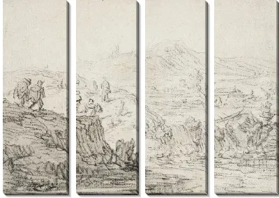 Картина Холмистый пейзаж с ручьем и фигурами