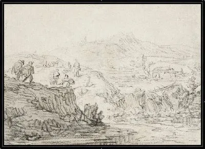 Картина Холмистый пейзаж с ручьем и фигурами