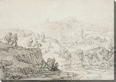 Картина Холмистый пейзаж с ручьем и фигурами