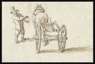 Мужчина стоит рядом с лошадью с телегой