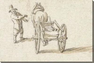 Мужчина стоит рядом с лошадью с телегой