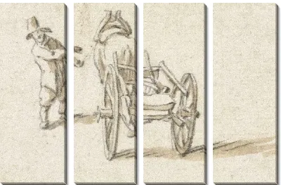 Мужчина стоит рядом с лошадью с телегой