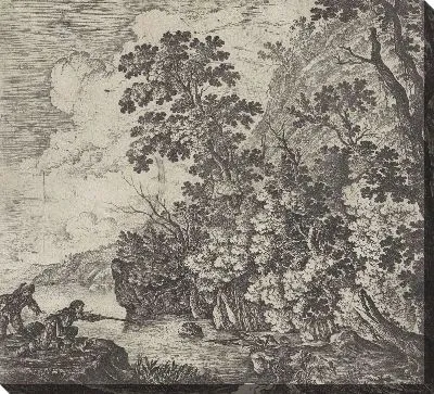 Картина Охотники у реки в гористом ландшафте