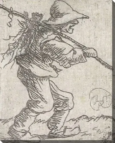 Картина Ходячий фермер с кучей ветвей через плечо