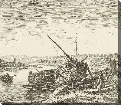 Картина Вид на реку с мужчиной, чеканка лодки