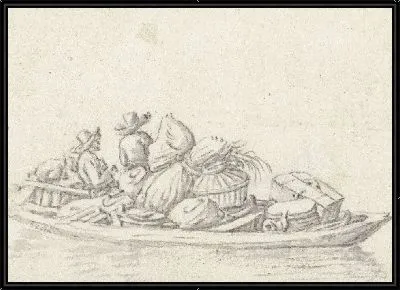 Двое мужчин в барже с предметами домашнего обихода