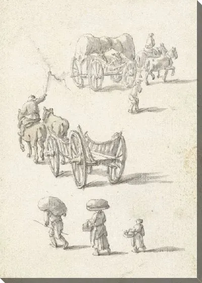 Картина Две кареты с лошадьми впереди и три человека