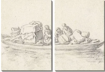 Картина Три человека в барже с предметами домашнего обихода