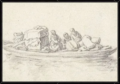 Картина Три человека в барже с предметами домашнего обихода