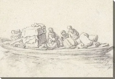 Картина Три человека в барже с предметами домашнего обихода