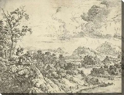 Картина Речной пейзаж с человеком с костюмом на спине